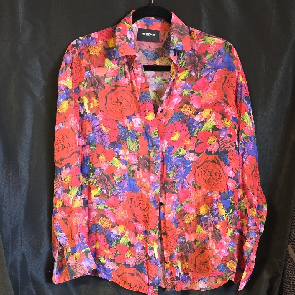 The Kooples Sheer Casual Button Down Shirt Vibrant Floral Design